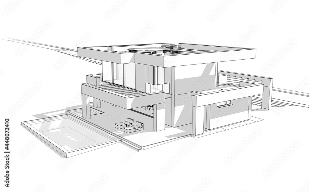 3d rendering of modern cozy house with pool and parking for sale or rent in luxurious style. Black line sketch with soft light shadows on white background 3d rendering of modern cozy house with pool and parking for sale or rent in luxurious style. Black line sketch with soft light shadows on white background