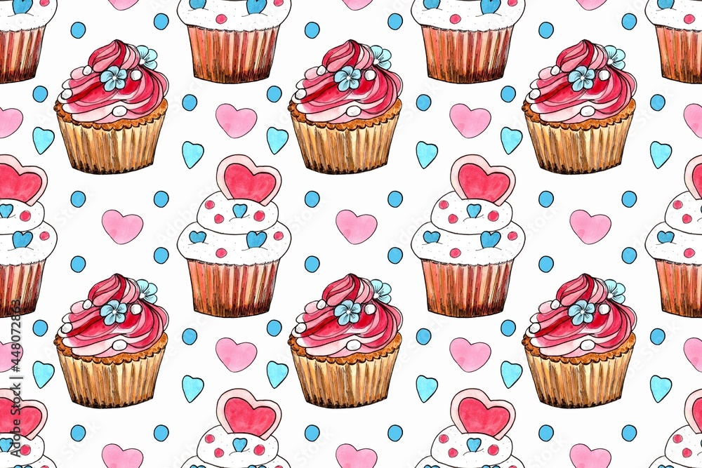 Seamless pattern, sweet cupcake. Watercolor hand painted illustration. Background for invitation, greeting card, template Seamless pattern, sweet cupcake. Watercolor hand painted illustration. Background for invitation, greeting card, template