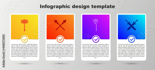 Set Hammer, Crossed medieval spears, Magic staff and sword. Business infographic template. Vector