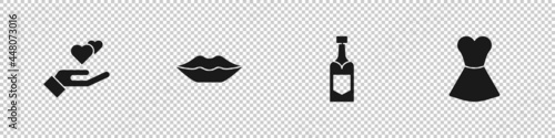 Set Heart in hand, Smiling lips, Champagne bottle and Woman dress icon. Vector