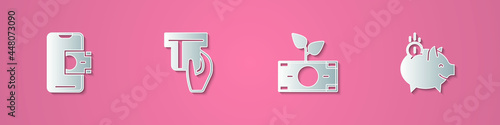 Set paper cut Mobile banking, Credit card inserted, Money plant the pot and Piggy with coin icon. Paper art style. Vector