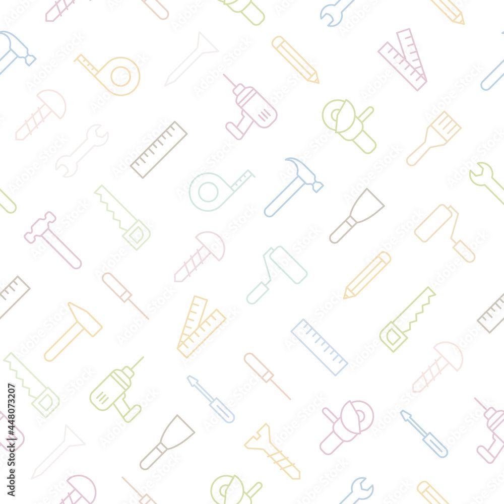 Tools line colorful icon set seamless pattern. Repair work outline color instruments. Vector isolated on white Tools line colorful icon set seamless pattern. Repair work outline color instruments. Vector isolated on white