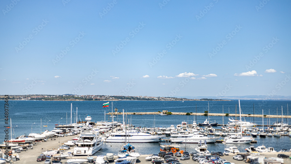 Sozopol, Burgas  Bulgaria - 07.25.2021: Midday summer view of the Sozopol marina
