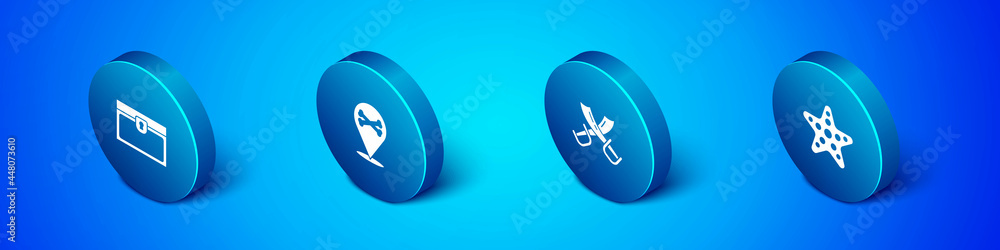 Set Isometric Antique treasure chest, Crossed pirate swords, Starfish and Location icon. Vector Set Isometric Antique treasure chest, Crossed pirate swords, Starfish and Location icon. Vector