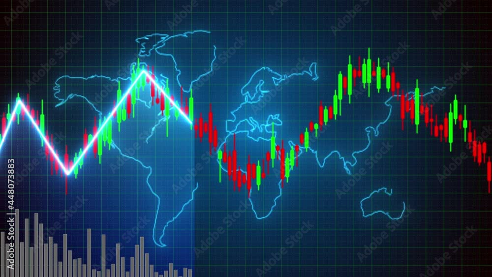 Motion of red green candle stick graph chart of stock market trading with animated world map background, Bullish Bearish stock point. Economy trends charts for business. Financial investment concept. Motion of red green candle stick graph chart of stock market trading with animated world map background, Bullish Bearish stock point. Economy trends charts for business. Financial investment concept.