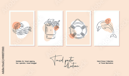 Minimal hand drawn travel vector illustration set for wall art or poster design.