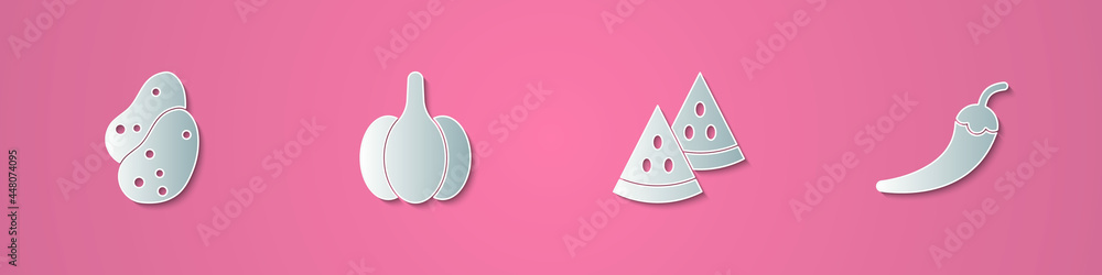 Set paper cut Potato, Garlic, Watermelon and Hot chili pepper pod icon. Paper art style. Vector Set paper cut Potato, Garlic, Watermelon and Hot chili pepper pod icon. Paper art style. Vector