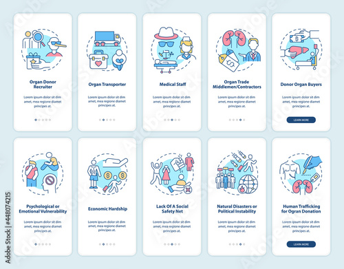 Human trafficking related onboarding mobile app page screen set. Organ trade walkthrough 5 steps graphic instructions with concepts. UI, UX, GUI vector template with linear color illustrations