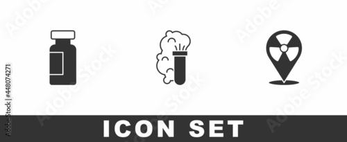 Set Test tube and flask, Chemical explosion and Radioactive in location icon. Vector