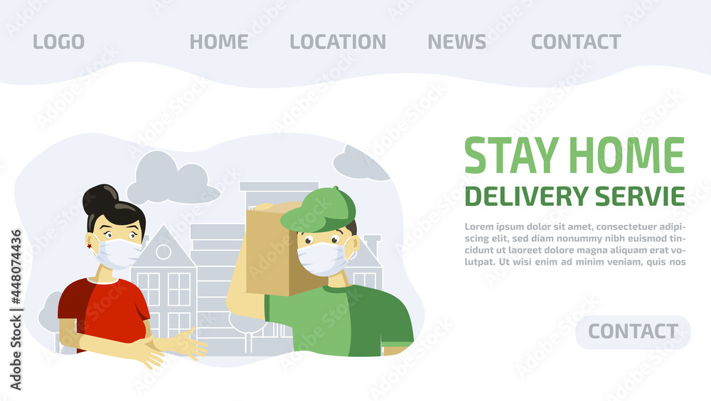 Fototapeta premium Online shipping delivery service concept, courier in uniform brought package to woman home in city. Template for website, landing page, banner. Vector flat illustration, design.