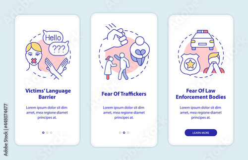 Human trafficking victims onboarding mobile app page screen. Post traumatic disoders walkthrough 3 steps graphic instructions with concepts. UI, UX, GUI vector template with linear color illustrations photo