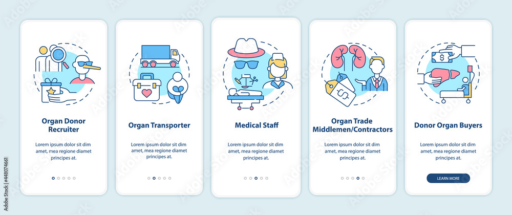 Organ trade trafficking participants onboarding mobile app page screen. Organ sale walkthrough 5 steps graphic instructions with concepts. UI, UX, GUI vector template with linear color illustrations