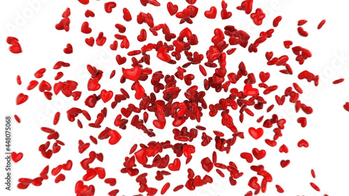 Explosion of three-dimensional shiny hearts flying to the screen on a white background.