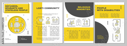 Vulnerable people that suffer from human trade brochure template. Flyer, booklet, leaflet print, cover design with linear icons. Vector layouts for presentation, annual reports, advertisement pages