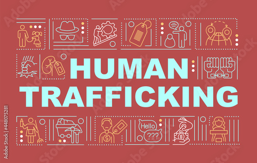 Illegal human trafficking and slavery word concepts banner. Infographics with linear icons on red background. Isolated creative typography. Vector outline color illustration with text