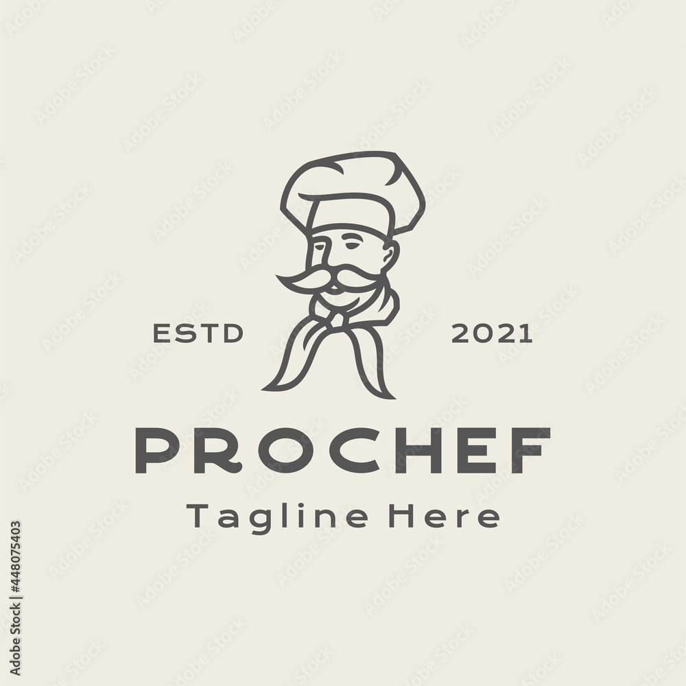Vintage Hipster Line art Chef / Restaurant logo design inspiration vector icon illustration