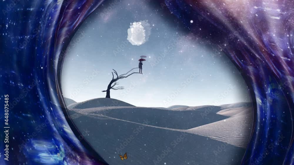 Desert of dreams. Warped space and man with red umbrella Desert of dreams. Warped space and man with red umbrella