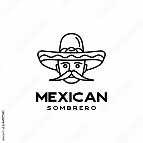 Line art Mexican man with Hat Sombrero, Mexican food, Mexican cuisine restaurant Vintage Label Logo Design