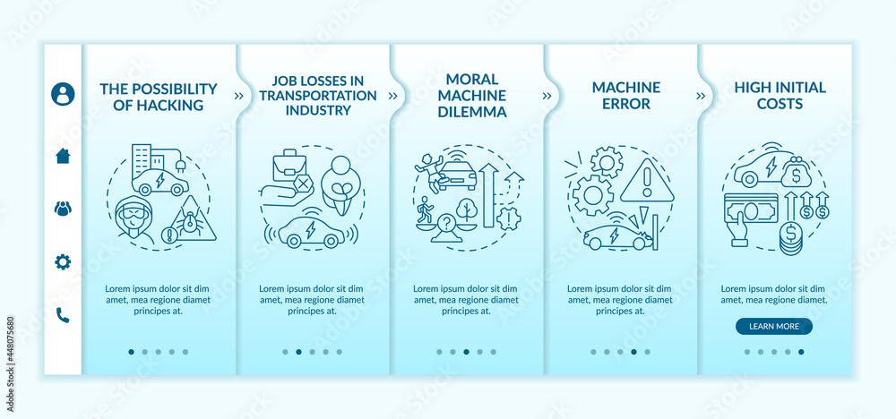 Autonomous vehicles technical errors onboarding vector template. Responsive mobile website with icons. Web page walkthrough 5 step screens. AI problems color concept with linear illustrations Autonomous vehicles technical errors onboarding vector template. Responsive mobile website with icons. Web page walkthrough 5 step screens. AI problems color concept with linear illustrations