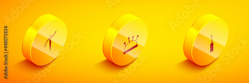 Set Isometric Needle with thread, bed and needles and Awl tool icon. Vector