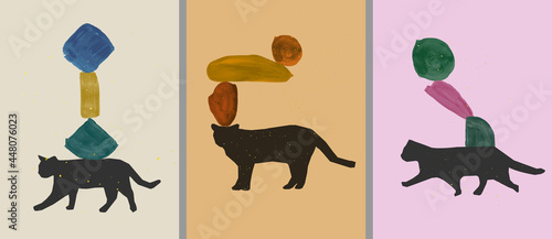 Vector illustration. Abstract contemporary room interior poster collection. Postcard, book cover, magazine, brochure banner design. Watercolor paint splashes balance and cat polygonal silhouette