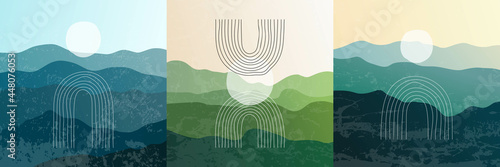 Vector illustration. Minimalist landscape. Abstract posters set. Contemporary backgrounds. Mid century wall decor. Design elements for social media blog post. Rainbow arch. Hand drawn doodle line