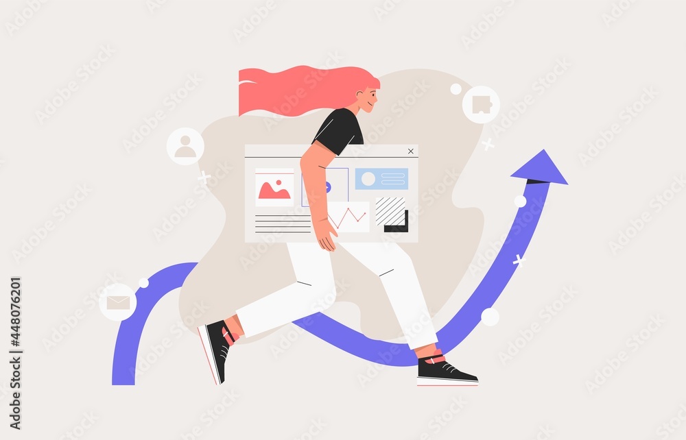 Business woman go with design and programming banner, website or social media promotion, seo specialist work on project. Business woman go with design and programming banner, website or social media promotion, seo specialist work on project.