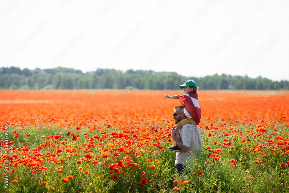 Dad holding his little son covered with flag of Latvia on his shoulders in the poppy field. Declaration of Independence Day. Ligo. Proclamation of the Republic. Travel, learn latvian language concept. - obrazy, fototapety, plakaty 