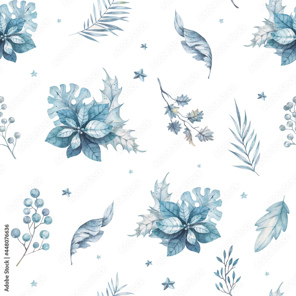 Beautiful vintage seamless floral pattern background. Flower bouquets of blue leaves on white background