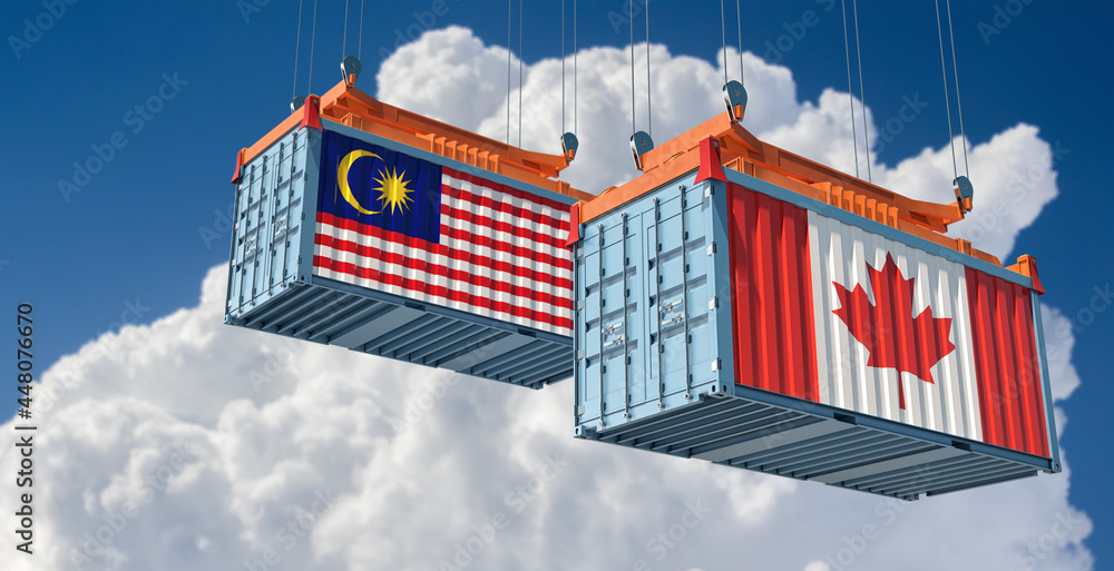 Freight containers with Canada and Malaysia flag. 3D Rendering 