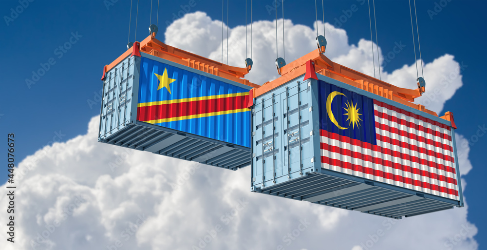 Freight containers with Democratic Republic of the Congo and Malaysia flag. 3D Rendering 