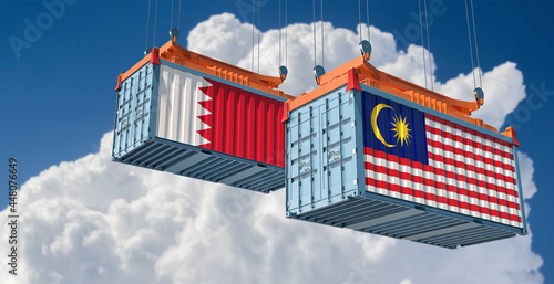 Freight containers with Bahrain and Malaysia flag. 3D Rendering 
