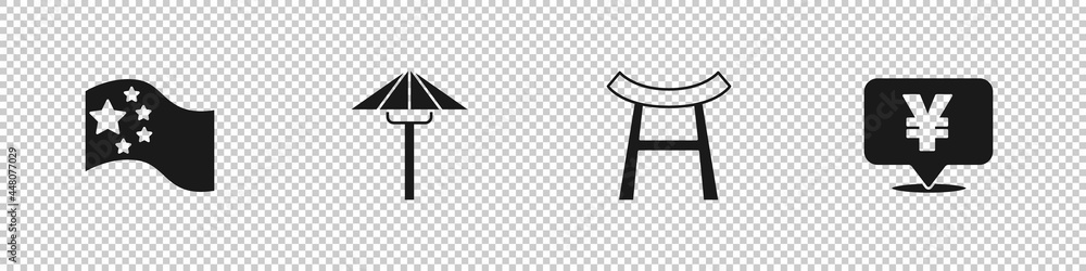 Fototapeta premium Set China flag, Japanese umbrella from the sun, Gate and Chinese Yuan currency icon. Vector