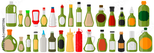 Illustration on theme big kit varied glass bottles filled liquid sauce pesto