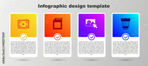 Set Photo camera, SD card, retouching and Camera photo lens. Business infographic template. Vector