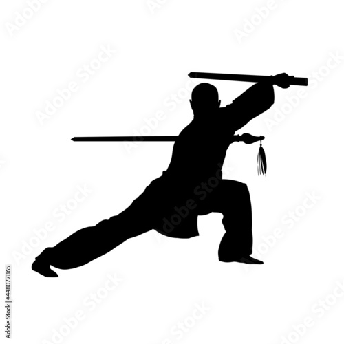 A man shows wushu with a dao sword. Silhouette of a man. Vector illustration