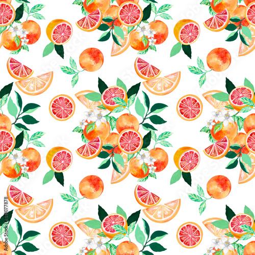 Seamless citrus repeat pattern background Hand drawn illustration with Grapefruit tree foliage blossom and leaf