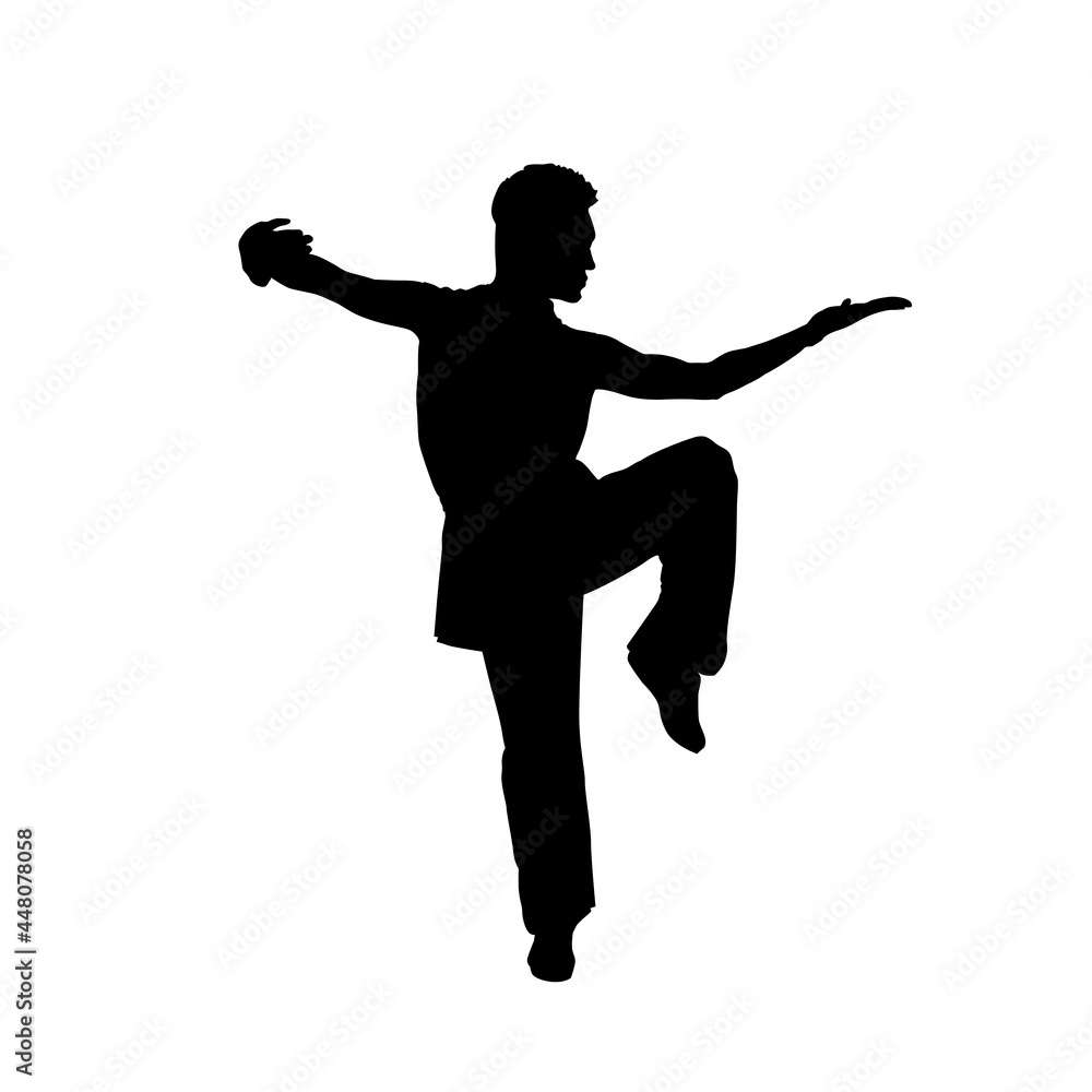 Silhouette of man, a guy showing the basic wushu stance, kung fu, martial art Drawing. Vector illustration. Wushu sign symbol