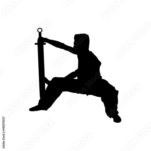 A man makes a wushu uniform with a sword. Silhouette of a man with a sword. Vector illustration