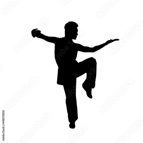 Silhouette of man, a guy showing the basic wushu stance, kung fu, martial art Drawing. Vector illustration. Wushu sign symbol