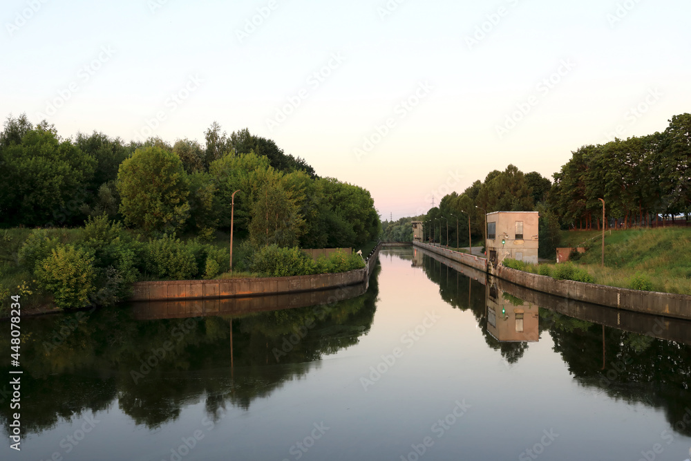 Lock on Oka river at sunset