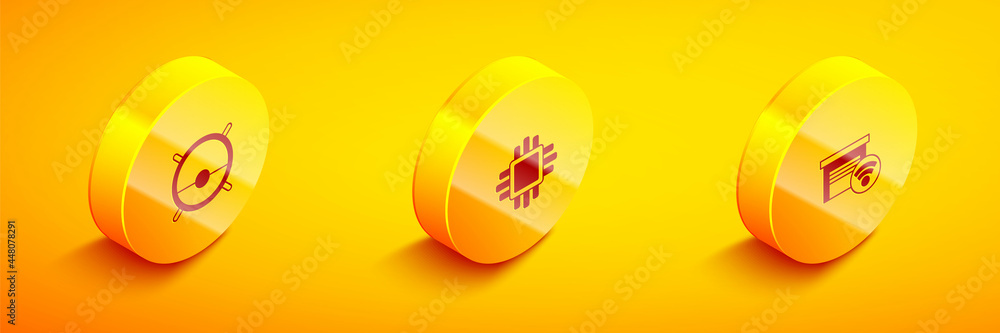 Set Isometric Robot vacuum cleaner, Processor with CPU and Smart garage icon. Vector Set Isometric Robot vacuum cleaner, Processor with CPU and Smart garage icon. Vector