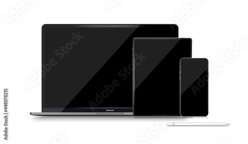 Laptop computer realistic illustration. Desktop mock up computer monitor. Realistic vector mockup on black backdrop. EPS 10