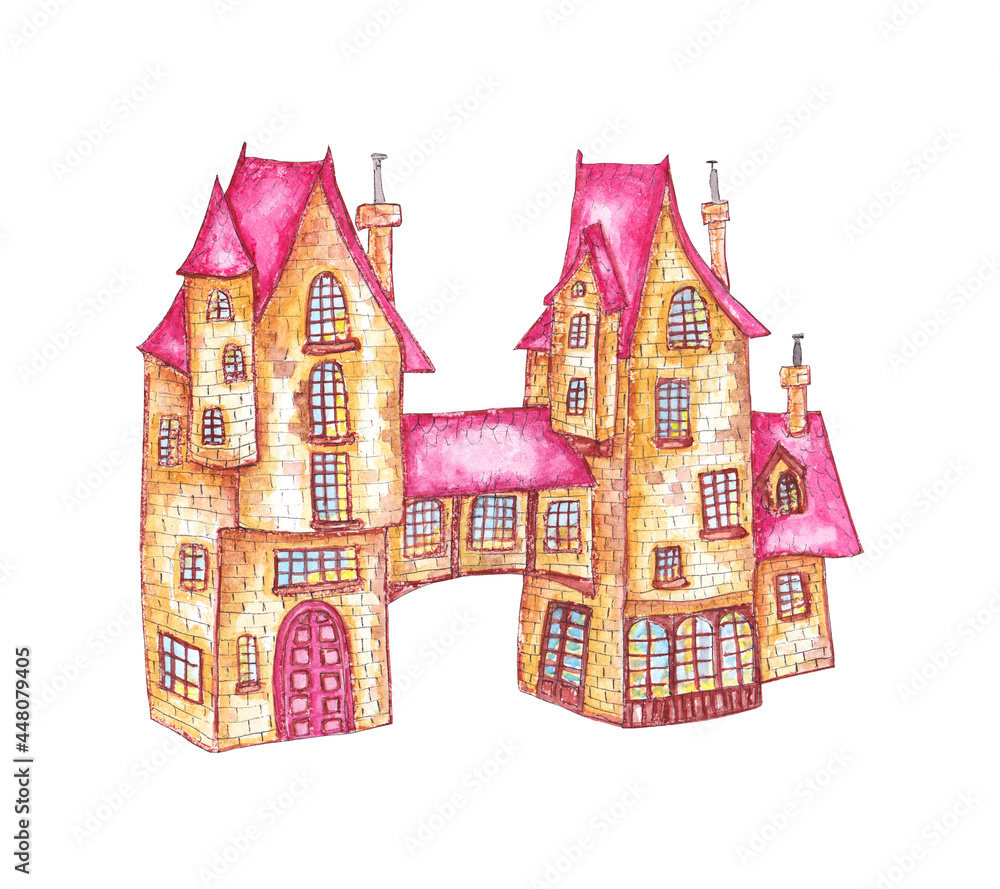 Naklejka premium Hand drawn watercolor old house.