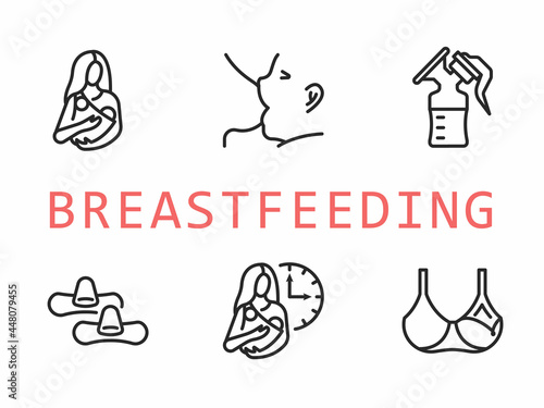 Breastfeeding flat line icon set. Vector illustration lactation. Included nipple shield, nursing clothes, correct attachment to the breast. Editable strokes.
