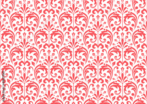 Wallpaper in the style of Baroque. Seamless vector background. White and pink floral ornament. Graphic pattern for fabric, wallpaper, packaging. Ornate Damask flower ornament