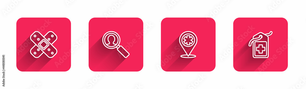 Set line Crossed bandage plaster, Medical analysis, Map pointer with cross hospital and medical tag with long shadow. Red square button. Vector Set line Crossed bandage plaster, Medical analysis, Map pointer with cross hospital and medical tag with long shadow. Red square button. Vector