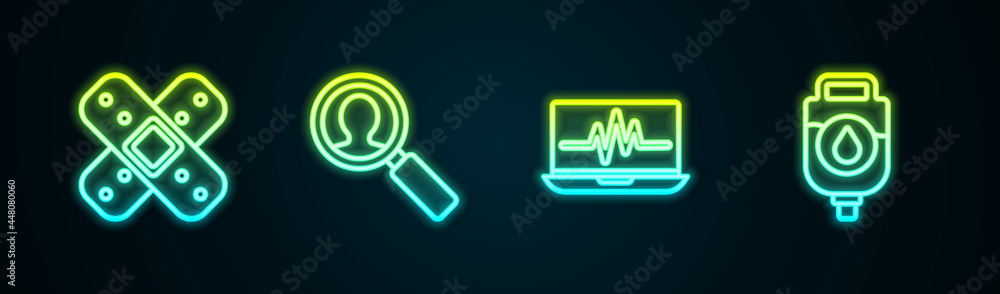 Set line Crossed bandage plaster, Medical analysis, Laptop with cardiogram and IV bag. Glowing neon icon. Vector