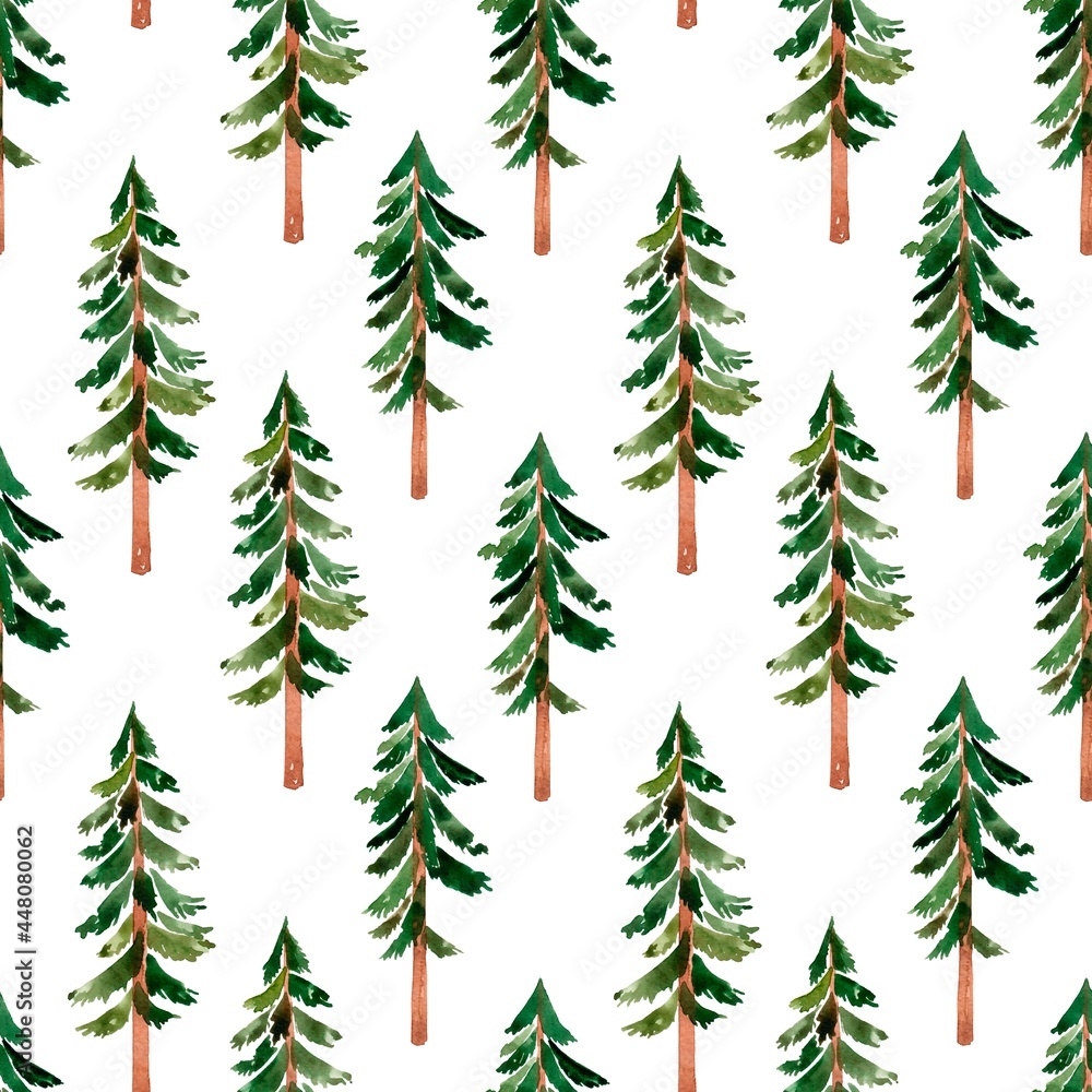 Seamless watercolor pattern with Christmas trees. Coniferous forest.