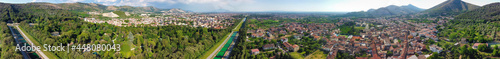 Reggia di Caserta, Italy. Aerial view of famous royal building gardens from a drone in summer season.